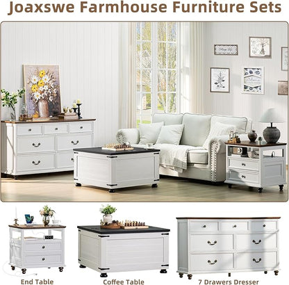 Farmhouse Coffee Table with Hidden Storage, Square Large Center Table for Living Room, Vintage Cocktail Tables with Flip-Top Lids, Farm House Tables with Wood Gourd Feet, Antique White & Black