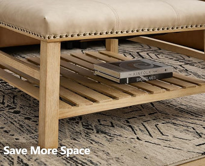 Kmax 32-Inch Beige Faux Leather Coffee Table Large Square Ottoman Foot Rest Stool Upholstered Coffee Table with Wooden Shelf Storage for Living Room Office