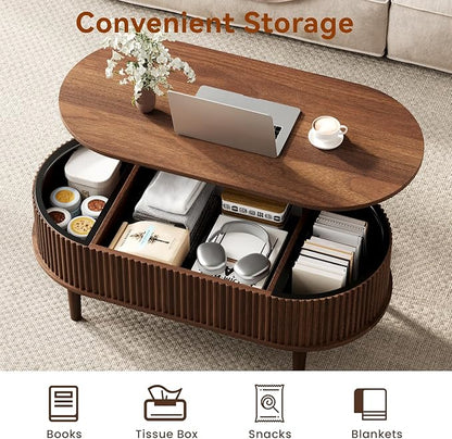 BREEZEHEAT Fluted Lift Top Coffee Table, 39" Mid Century Modern Coffee Table, Hidden Compartment & Fully Assembled Centre Table Oval Lift Tabletop for Living Room, Small Space, Home Office, Walnut