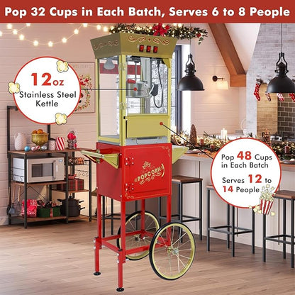 Popcorn Machine with Cart, Wheels & 12 Oz Kettle, Popcorn Maker Machine Vintage Style Movie Theater Popcorn Machine for Parties, Events, Commercial, and Home Theater