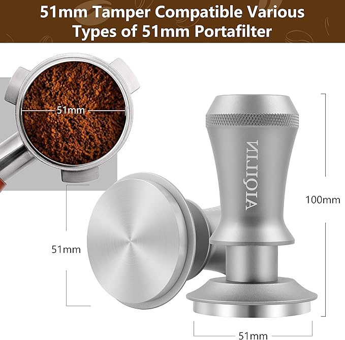 Espresso Tamper, Constant 30lb Coffee Tamper with double Calibrated Spring Loaded, Stainless Steel double spring loaded Coffee Tamper Fits for All Portafilters- Flat Base (51mm, SILVER)