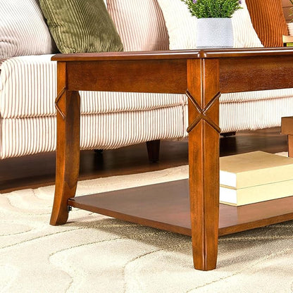 PADMA HOUSE Solid Wood Coffee Table with Shelf, Vintage Rectangle Cocktail Table with Dual Hourglass Tabletop, Apartment Center Sofa Table with Curved Legs for Living Room, 43.3 * 23.6 * 17.7in
