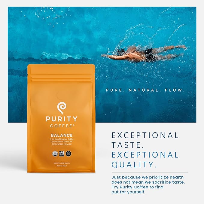 Purity Coffee BALANCE 2/3 Decaf Medium Roast Whole Bean Coffee (5lb Bag) - Specialty-Grade Mountain Water Processed Decaf + Regular Arabica Blend- USDA Certified Organic Decaffeinated - Third Party Tested for Mold, Mycotoxins, Pesticide Residue