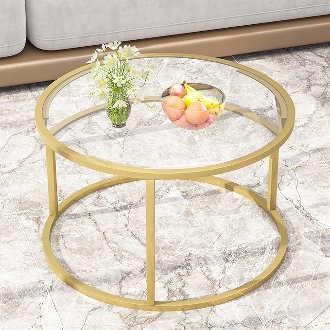 Glass Coffee Table,Round Gold Coffee Table for Small Space,27" Modern Center Table,Glass Top Clear Coffee Table with Sturdy Metal Frame for for Living Room Home Office, Easy Assembly
