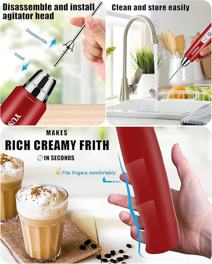 YUSWKO Rechargeable Milk Frother for Coffee, Handheld Drink Mixer with 3 Heads 3 Speeds, Ideal Coffee Frother Wand for Travel - Red
