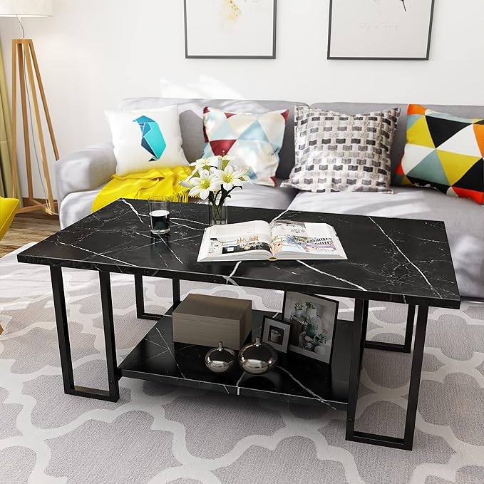 Lamerge Coffee Table, Modern Faux Marble Top Coffee Table with Metal Frame and Storage Shelf, 2-Tier Rectangle Accent Cocktail Table for Living Room, Office (Black)