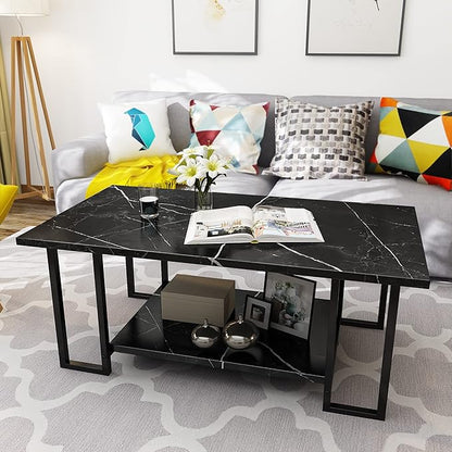 Lamerge Coffee Table, Modern Faux Marble Top Coffee Table with Metal Frame and Storage Shelf, 2-Tier Rectangle Accent Cocktail Table for Living Room, Office (Black)