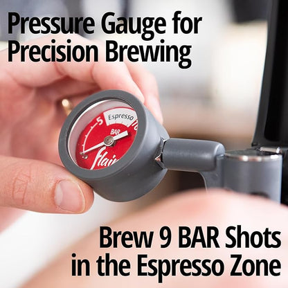Flair UPDATED PRO 3 (Black) - All manual lever espresso maker with a stainless steel brew head, pressure gauge, and a shot mirror