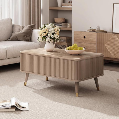 Lift Top Coffee Table, Mid Century Modern Coffee Table with Hidden Compartment, Fluted Lift Tabletop Center Table for Living Room, Home Office, Oak