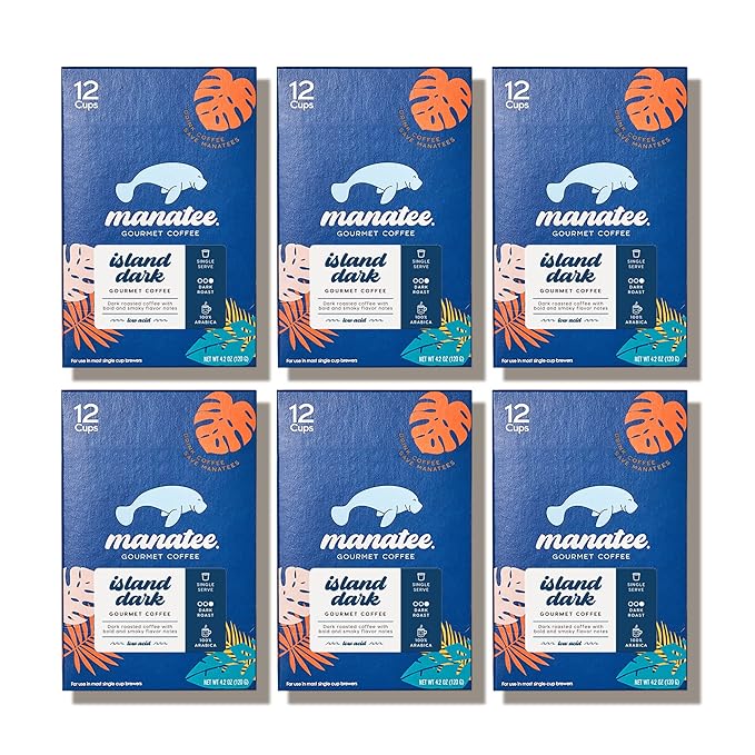 Manatee Gourmet Coffee Single Serve Pods for Keurig 2.0 K Cup Brewers Island Dark Roast, 12 Count, Pack of 6