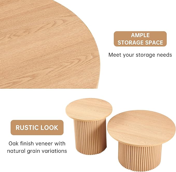 NORDICANA Nesting Round Coffee Table Set of 2, Boho 2 Piece Side Table End Table Set for Living Room Bedroom, Manufactured Wood Top with Oak Veneer