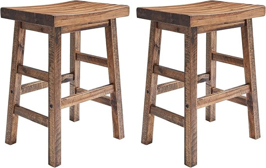 Alaterre Furniture Durango 26-Inch Industrial Wood Counter-Height Stools – Set of 2 Rustic Saddle Seat Bar Stools - Vintage Style with Light or Dark Lacquer Finish for Kitchen Island or Home Bar