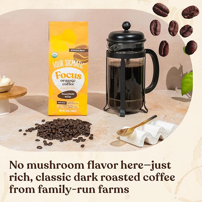 Four Sigmatic Dark Roast Organic Whole Bean Coffee | Gourmet Nootropic Mushroom Coffee Beans with Lion's Mane & Chaga Mushrooms for Enhanced Brain Function and Immune Support | 12oz