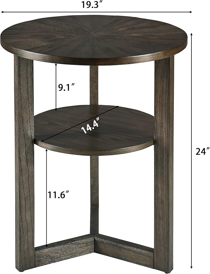 PADMA HOUSE 19.3" Round Wood End Table, 2-Tier Solid Wood Rounded Accent Side Table Circle Nightstand Table with Storage Shelf Vintage Furniture for Home Living Room Bedroom,Black Brown 3338BK