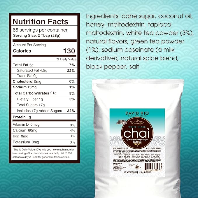 White Shark Chai Tea Latte Mix, 64 Oz, White Tea, Organic Spices, Dairy Free, Serve Hot or Cold, Just Add Water or Milk, 65 Servings