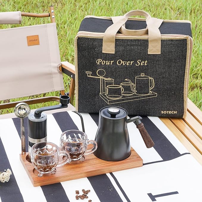 SOTECH Pour Over Coffee Maker Set Chinese Tea Set Wooden Storage Tray Coffee Dripper Glass Server Coffee Scoop DIY Manual Pour Over Kit Black(Portable Natural Jute Bag Set)