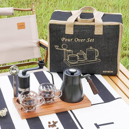 SOTECH Pour Over Coffee Maker Set Chinese Tea Set Wooden Storage Tray Coffee Dripper Glass Server Coffee Scoop DIY Manual Pour Over Kit Black(Portable Natural Jute Bag Set)