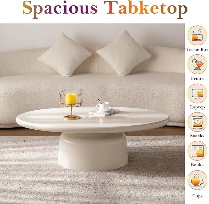 Chic Coffee Table with Smooth Fininsh & Stable Large Base, Minimalism Low Center Table for Farmhouse Living Room (J-Oval)