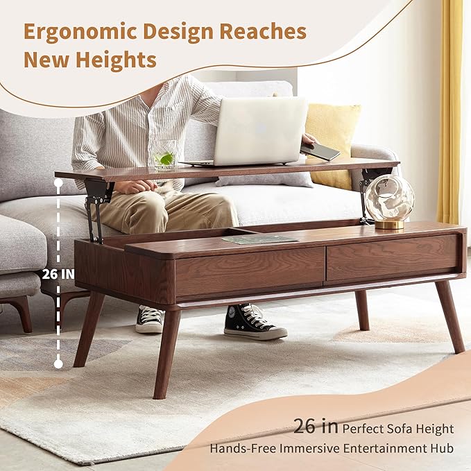 Wood Lift Top Coffee Table, 100% Solid Oak Wood Small Rising Dining Center Tables with Storage Shelf and Hidden Compartment for Living Room 48D x 26W x 26H