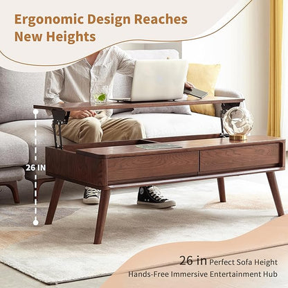 Wood Lift Top Coffee Table, 100% Solid Oak Wood Small Rising Dining Center Tables with Storage Shelf and Hidden Compartment for Living Room 40D x 22W x 26H