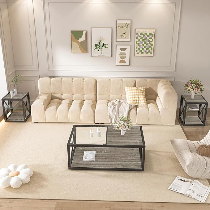 39" Glass Coffee Table Mordern Living Room Table with Black Metal Frame, Rectangle Tempered Glass Top & Rustic Wood MDF Storage Shelves, Industrial Style Grey