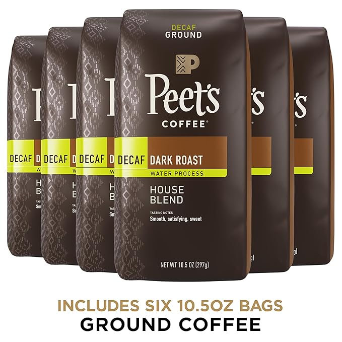 Peet's Coffee, Dark Roast Ground Coffee - Decaf House Blend 63 Ounces (6 Bags of 10.5 Ounces)