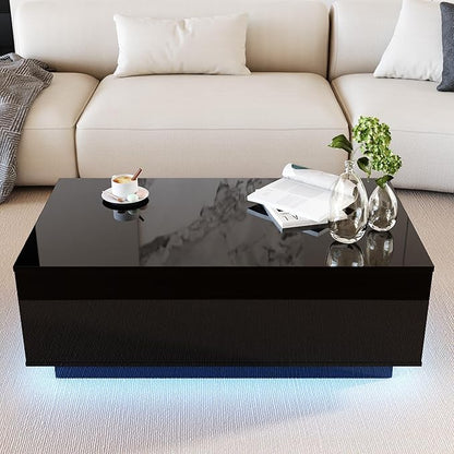 41" LED Coffee Table with 2 Drawers - High Gloss Black Modern Table with Lighting for Living Room (41.33" W x 23.62" D)