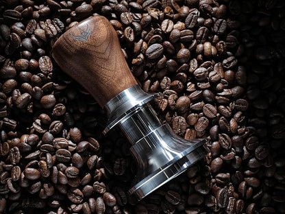 Calibrated Espresso Tamper 58mm Walnut, Auto-Leveling and 30lb Spring Loaded Design Stainless Steel Ripple Base Coffee Tamper with 20lb / 25lb / 30lbs Replacement Springs (58.3mm)