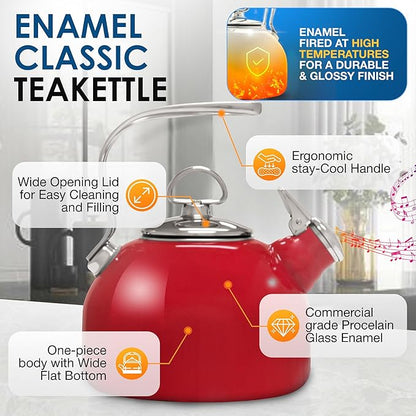 Chantal Classic Teakettle, 1.8 QT, Enamel On Steel, 2-Tone Harmonica Whistle, Rapid Boil and Even Heating (Chili Red)