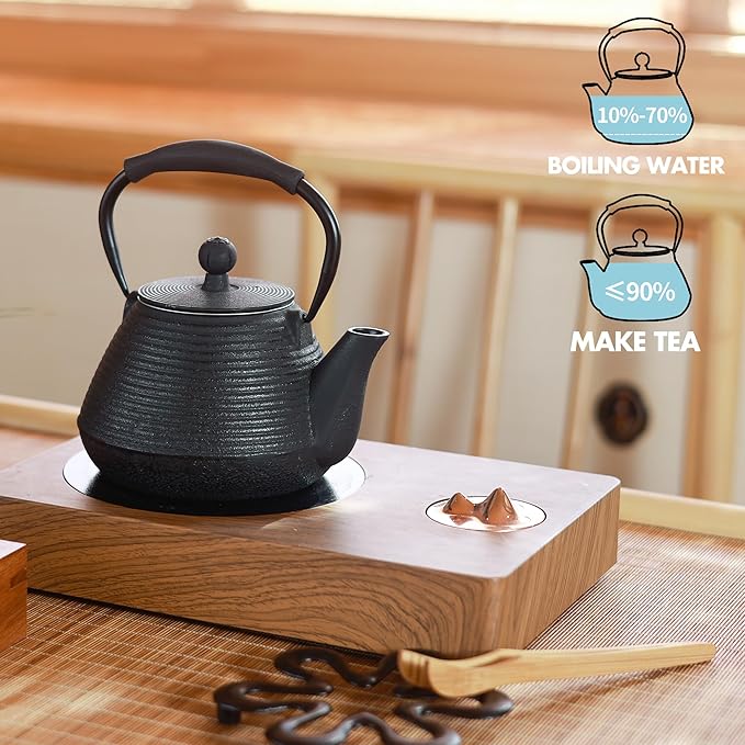 Cast Iron Teapot, 33oz Tea Kettle Stovetop Safe with Infuser for Tea & Coffee, Hand made Japanese Tea Pot Coated with Enameled Interior, Silicone Handle, 950ml Black