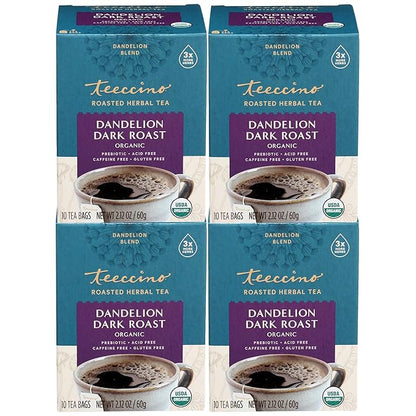 Teeccino Dandelion Tea – Dark Roast – Rich & Roasted Herbal Tea That’s Caffeine Free & Prebiotic with Detoxifying Dandelion Root, 10 Tea Bags (Pack of 4)