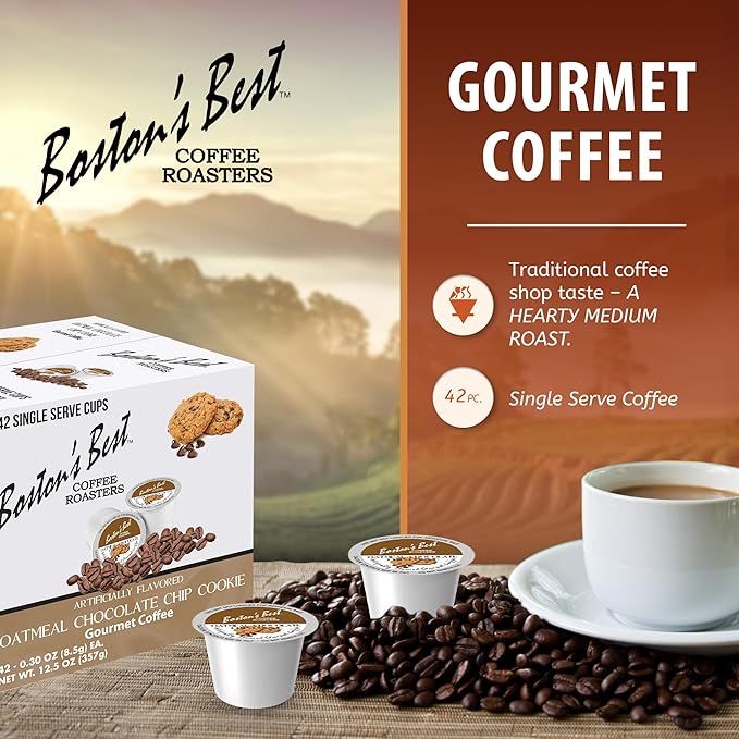 Boston’s Best - Oatmeal Chocolate Chip Cookie Flavored Coffee Blend, Dessert Gourmet Compatible with Keurig Coffee Maker, 1 Count (42 Single Serve Medium Roast Cups)