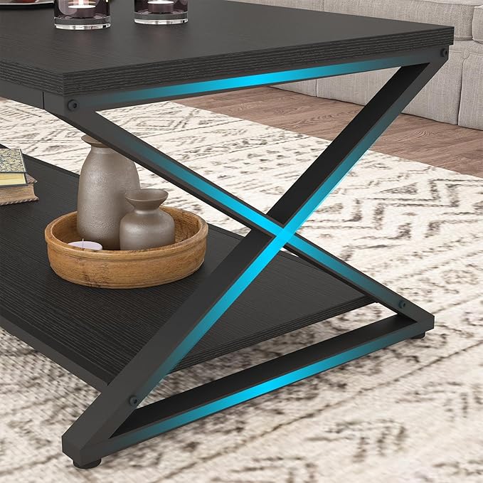 HSH Black Modern Minimalist Metal Wood Living Room Table with Storage Shelf, 39 Inch 2 Tier Rectangle Center Coffee Table