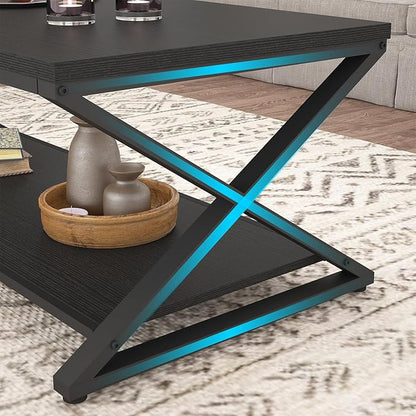 HSH Black Modern Minimalist Metal Wood Living Room Table with Storage Shelf, 39 Inch 2 Tier Rectangle Center Coffee Table