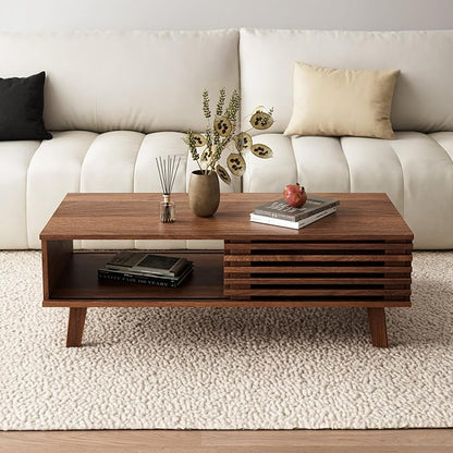 Mid Century Coffee Table with Storage & Sliding Fence Door, Modern Coffee Tables for Living Room, Walnut Finish