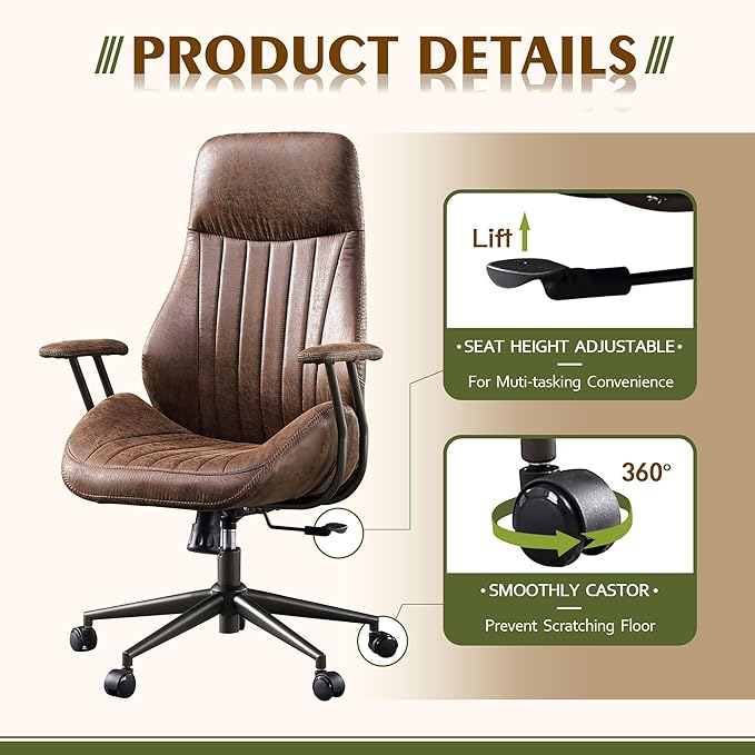 High Back Office Chair,Modern Swivel Office Chair,Brown Suede Fabric Gaming Chair,Height Adjustable Home Office Desk Chair with Lumbar Support