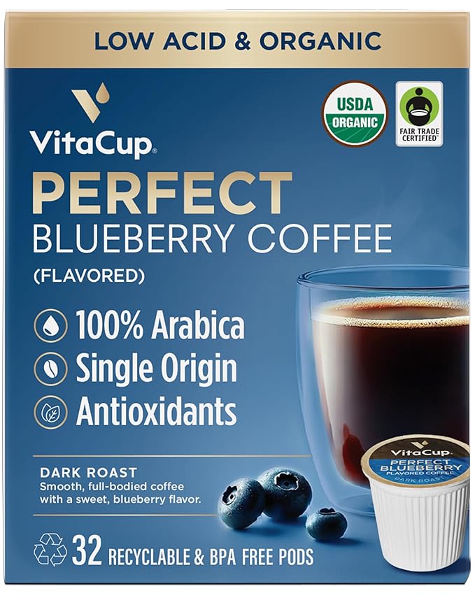 VitaCup Perfect Blueberry Flavored Low Acid Coffee Pods, Organic, Fair Trade, Dark Roast Single Origin from Guatemala, Clean & Pure, Recyclable Single Serve Pods, 32 Ct