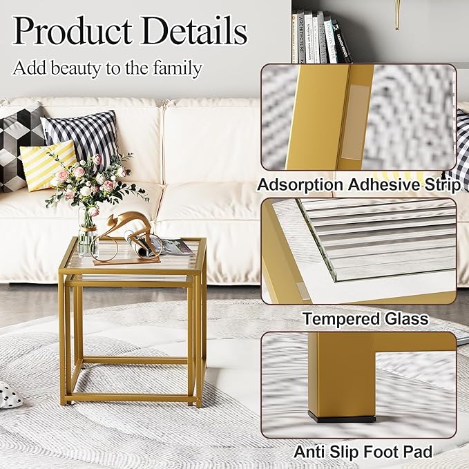 VILAWLENCE Coffee Table Set of 2, Modern Gold Patterned Glass Side Table, Metal Frame Square End Table, Center Tables Nesting Coffee Table for Living Room,Bedroom and Small Spaces