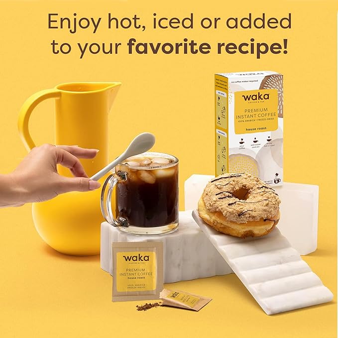 Waka Premium Instant Coffee Sachets — 100% Arabica Freeze Dried Beans — For Hot or Iced Coffee (8 Count, House Roast)