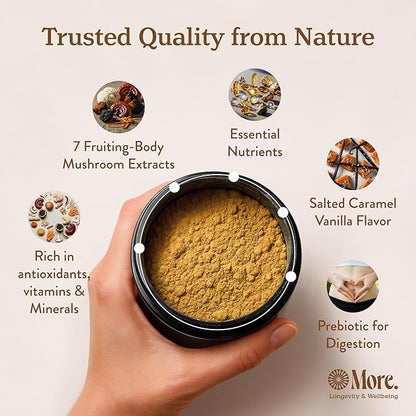 More. Longevity & Wellbeing Mushroom Coffee Superfood – 7 Functional Mushrooms with Lion’s Mane, Reishi, Chaga & Ashwagandha Extract, Instant Coffee Alternative with Prebiotics and Essential Vitamins for Focus & Energy, Salted Caramel Vanilla