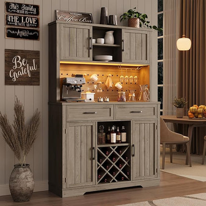 72" Coffee Bar Cabinet with Power Outlet & LED Light, Farmhouse Large Kitchen Hutch with Sliding Barn Door, Tall Bar Cabinets with Storage Drawers & Wine Glass Rack,Pantry China Cabinet for Home,Grey