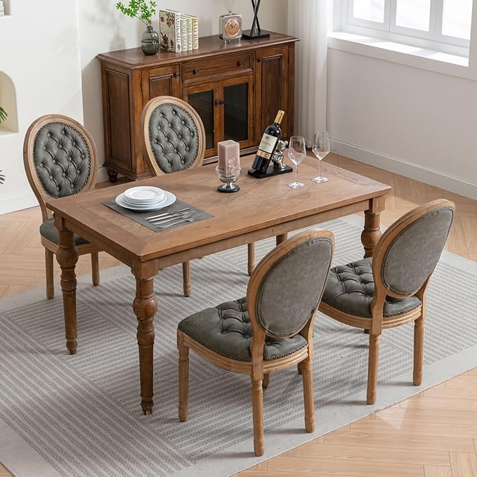 French Country Dining Chairs Set of 8, Vintage Wooden Dining Chairs with PU Leather Upholstered Tufted Seat,Solid Wood Legs&Frame, Farmhouse Kitchen&Living Room Chairs(Pine Green,8 Pcs)