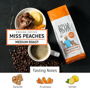 Stella Blue Ground Coffee, Miss Peaches Blend, Medium Roast, Fresh Coffee Ground 100% Arabica, Smooth Balanced Roast with Distinct Flavor Notes, Ethically Sourced Coffee Beans, 12 oz Bag