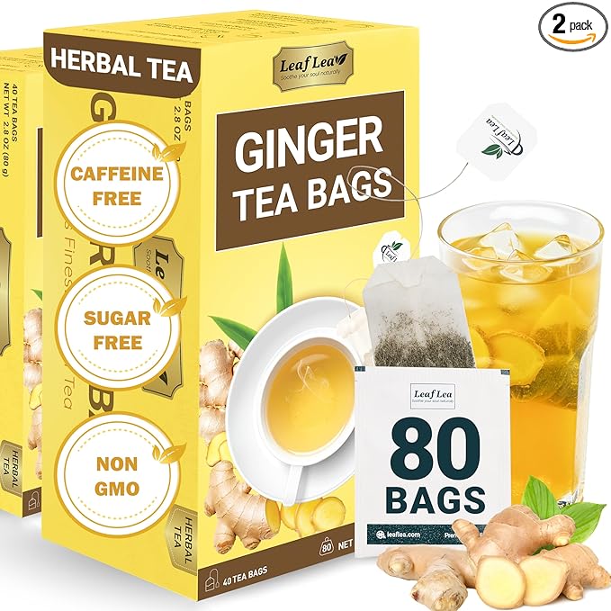 LeafLea 100% Pure Ginger Root Tea Bags – Spicy & Warming Herbal Tea, Supports Digestion & Immune Health, Individually Wrapped, Non-GMO, Caffeine Free, Sugar Free, No Gluten