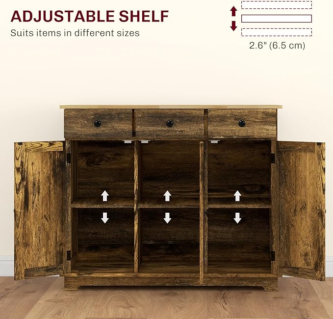 HOMCOM Sideboard with Solid Wood Countertop, Modern Kitchen Storage Cabinet, Coffee Bar Cabinet with 3 Drawers, Doors and Adjustable Shelf, Rustic Brown