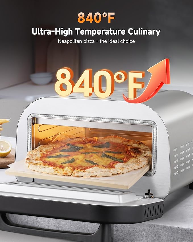 Upgraded Pizza Oven Heats up to 840°F Makes 12 Inch Pizzas in 90 Seconds Countertop Electric Pizza Maker with 6 Touchscreen Presets Pizza Stone & Peel Included - Stainless Steel