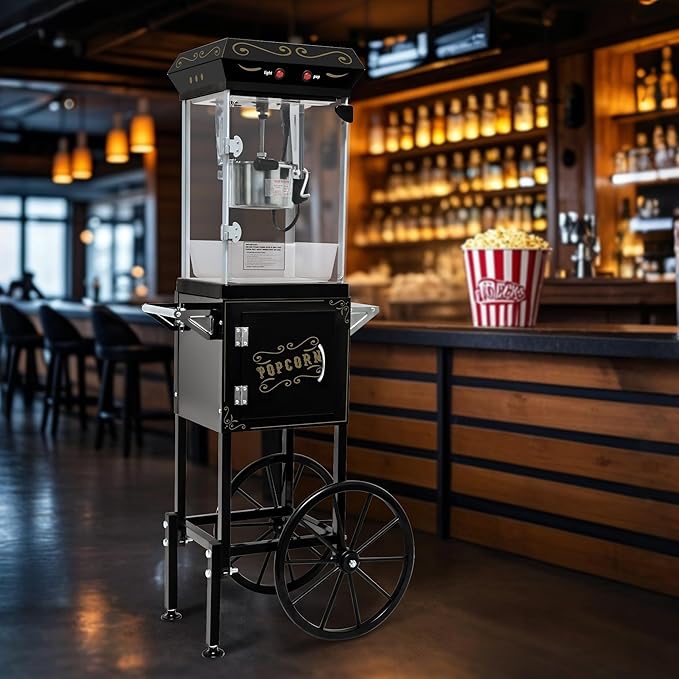 Commercial Popcorn Machine with Cart & 8 Oz Pot, Stainless Steel Vintage Style Popcorn Maker with Wheels, Lockers & Oil Spoon for Home Theater, Parties, Business