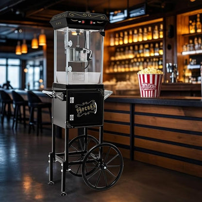 Commercial Popcorn Machine with Cart & 8 Oz Pot, Stainless Steel Vintage Style Popcorn Maker with Wheels, Lockers & Oil Spoon for Home Theater, Parties, Business