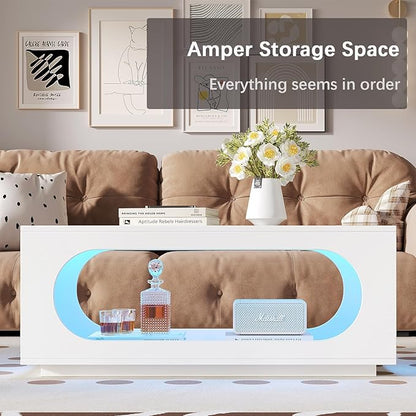 43" White Led Coffee Table for Living Room, Modern Living Room Table Rectangular Contemporary Center Table with Storage, Wooden Coffee Tables with LED Lights for Dining Reception Room