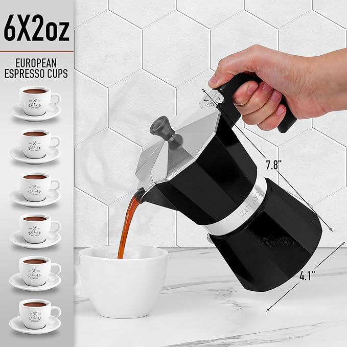 Zulay Moka Pot Espresso Stovetop Coffee Maker - Leak-Proof, Stainless Steel, Easy to Clean, Heat Resistant Handle & Knob - for Authentic Cuban & Italian Style Espresso - Makes 6 Espresso Cups - Black